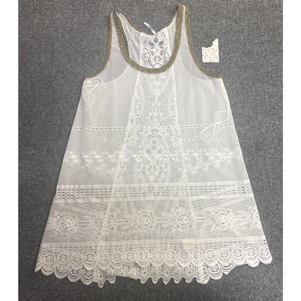 NWT Free People Ivory Lace Tank Top with Green Tweed Trim Sz Med. Boho Hippie